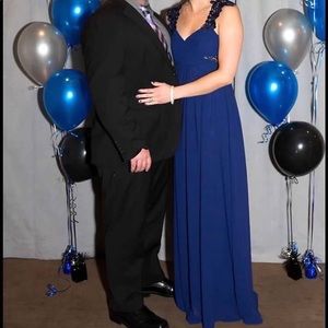 Navy elegant formal dress with lace cap sleeves